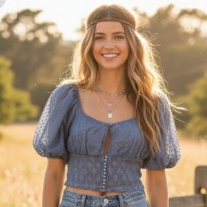 Free People Heartstrings Corset Crop Mesh Top - Dusty Blue Sz: Small
